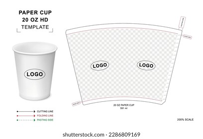 Paper cup die cut template for 20 oz HD svg