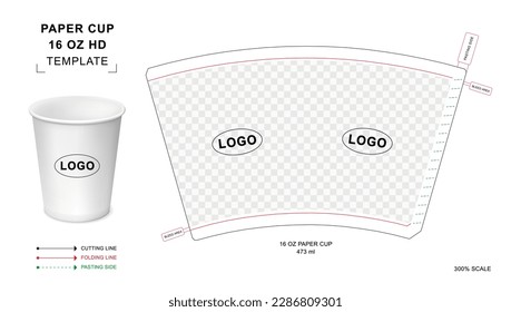 Paper cup die cut template for 16 oz HD svg