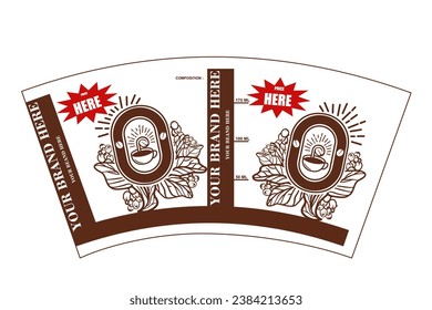 Paper cup die cut template for 8 oz  with logo and coffee ornament