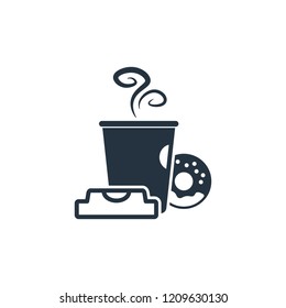 Paper cup with donut isolated flat icon on white background, 400 coffee set, logo and sign
