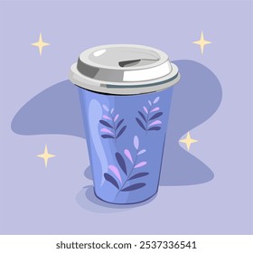 A paper cup with a drink, decorated with leaves, on a lilac background with shining stars. Stylish design for the fall season and takeaway coffee