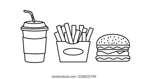 Paper cup with drink, french fries, burguer icon from food collection. Thin linear burguer, food, apple outline icon isolated on white background. Line vector burguer sign, symbol for web and mobile