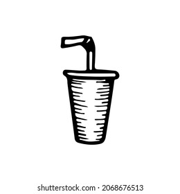 Paper cup for a drink with a straw. Disposable tableware. Decoration element for holiday party. Hand drawn line vector illustration in doodle style.