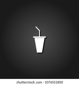Paper cup with drinking straw icon flat. Simple White pictogram on black background with shadow. Vector illustration symbol