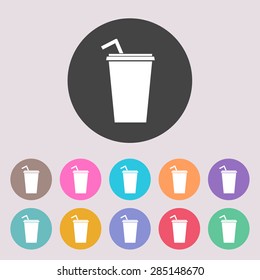 Paper cup with drinking straw icon. Set of colored icons.