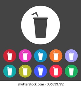 Paper cup with drinking straw icon. Set of colored icons.