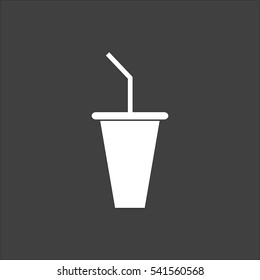 Paper cup with drinking straw icon flat. Vector white illustration isolated on black background. Flat symbol