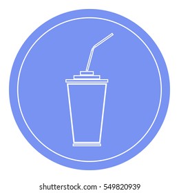 Paper cup with drinking straw icon. Blue circle background.