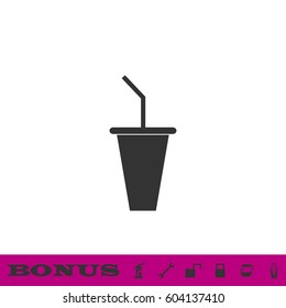 Paper cup with drinking straw icon flat. Black pictogram on white background. Vector illustration symbol and bonus button