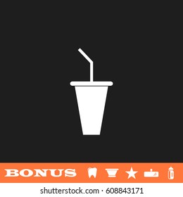 Paper cup with drinking straw icon flat. White pictogram on black background. Vector illustration symbol and bonus button tooth, vase, star, mirror, bottle