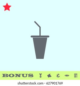 Paper cup with drinking straw icon flat. Grey pictogram on blue background. Vector illustration symbol and bonus buttons medal, cow, earth, eye, calculator