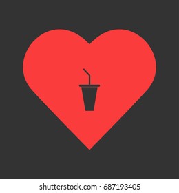 Paper cup with drinking straw icon flat. Simple pictogram on heart background. Vector illustration symbol