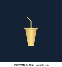 Paper cup with drinking straw icon flat. Simple gold pictogram on dark background. Vector illustration symbol