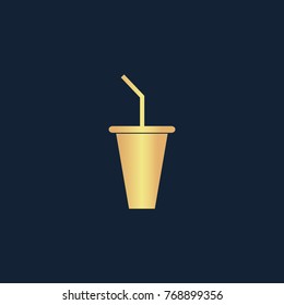 Paper cup with drinking straw icon flat. Simple gold pictogram on dark background. Vector illustration symbol