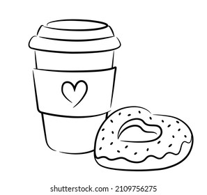 Paper cup for drinks with a heart.Black contour isolated on a white background. A simple drawing of a donut in the form of a heart with icing and sprinkles. 