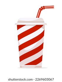 Paper cup for drinks with lid and red straw. Cola, water, soda, juice beverages pack fast food. Isolated on white background. Vector illustration