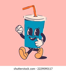 Paper cup for drinks with a straw. Fast food cup. Soft soda drink. Cute cartoon character with hands, legs, eyes. Retro comic style. Hand drawn isolated Vector illustration. Print, logo template