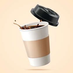 Paper Cup Filled With Black Coffee In 3D Over Beige Background