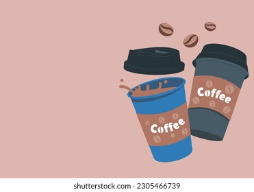 Paper cup filled with black coffee in 3D over beige background. A paper coffee cup mockup with a blank label for your design. Two craft coffee cups floating, icon in clay cartoon style. Floating white