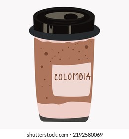 A paper cup filled with coffee, with the inscription Colombia, on a white background vector illustration