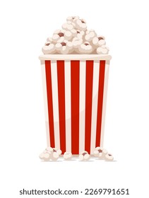 Paper cup full of popcorn isolated on white background. Fast food snack for movie films watching in the cinema theater. Vector illustration