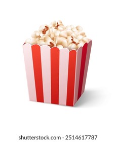 Paper cup full of popcorn isolated on white background. Fast food pop corn snack for movie films watching in the cinema theater. Vector illustration.