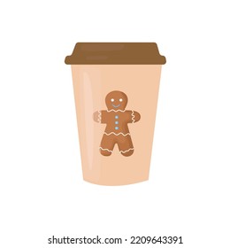 Paper cup with  gingerbread man.Coffee or tea cup on white background.Vector illustration on Cartoon style.