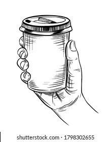 taza de papel en mano. Té, café. Café para ir. Esbozo dibujado a mano. Vector