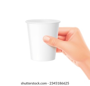 Paper cup held by a hand. mockup. Coffee to go, take out mug. Vector illustration isolated on white background. Great for presenting your brand. EPS10.	
