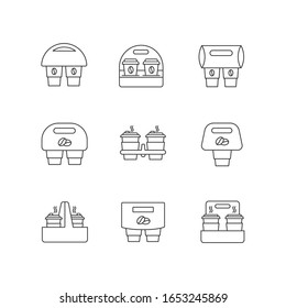 Paper cup holders pixel perfect linear icons set. Customizable thin line contour symbols. Coffee to go packages. Takeaway cardboard carriers. Vector isolated outline drawing. Editable strokes