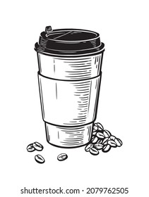 a paper cup with hot coffee and coffee beans lying nearby