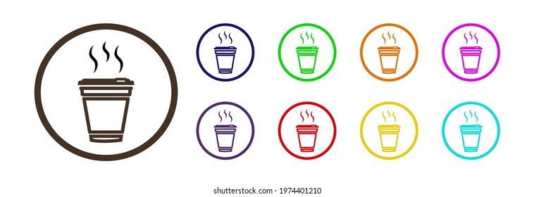 Paper cup of hot coffee in different colors on a white background. Icon. 