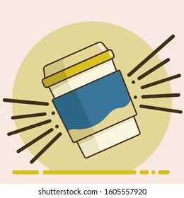 A paper cup of hot coffee is floating in the air. Stylish retro colors. Spray scatters in different directions from the cup.