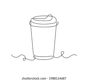 Paper cup of hot coffee in one Continuous line drawing. Concept of drink to go in lineart style. Editable stroke. Vector illustration