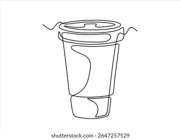 Paper cup of hot coffee in one Continuous line drawing. Concept of drink to go in lineart style.Hand drawn one line vector. Editable stroke	