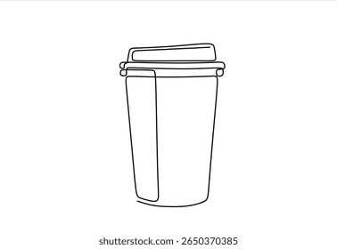 Xícara de papel de café quente em um desenho de linha contínua. Conceito de bebida para ir em estilo lineart.Mão desenhou um vetor de linha. Traçado editável	