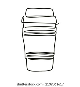 Paper cup of hot coffee in single line style. Coffee to go in continuous line drawing. Vector illustration.
