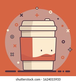 Paper cup of hot coffee with Strict Cartoon Face. Pleasant muted colors. Delicate coral shade