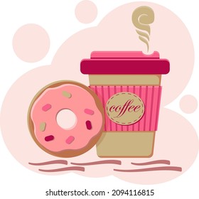 Paper cup of hot coffee and a sweet frosted donut drawing in flat style on a pink background
