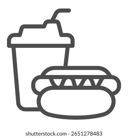 Paper cup with hot dog line icon, fast food concept. Vector graphics. Sausage in dough and drink cup sign on white background, outline style icon for mobile or web design