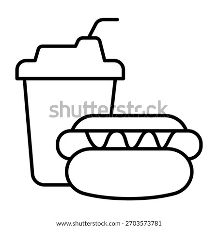 Paper cup with hot dog thin line icon, fast food concept. Vector graphics. Sausage in dough and drink cup sign on white background, outline style icon for mobile or web design