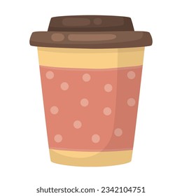 Paper cup with hot drink vector illustration. Cup with lid for coffee, latte or cappuccino isolated on white background. Beverage, coffee shop or break concept