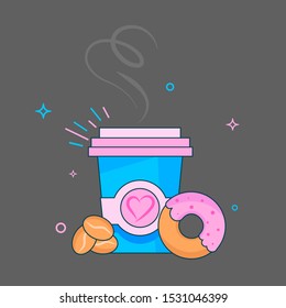 Paper cup of hot fresh brewed coffee and colorful donut. Coffee time with love. Vector food illustration isolated on grey background