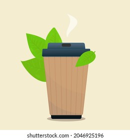 Paper cup with hot green tea inside. Tea leaves, steam. Flat design