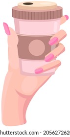 Paper cup with hot, invigorating drink. Take away coffee, beverage to go vector illustration. Woman's hand holding cup of aromatic hot coffee, espresso. Strong drink, arabica, robusta take away
