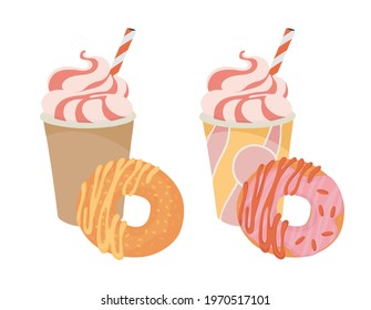 Paper cup. Ice cream, milkshake. Juice, cocktail, smoothie. Strawberry topping. A doughnut with frosting. A doughnut with frosting. 