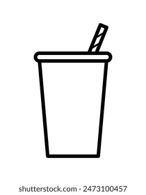 Paper cup icon in black line. A cup with straws for soda, juice or cold beverage. Hand drawing cartoon animated ice cup Isolated on transparent background. Drink icon. Fast food. Vector illustration