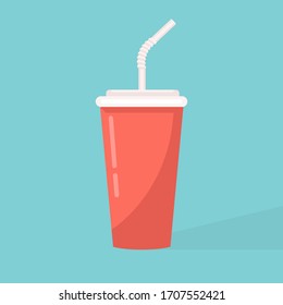 Paper cup icon. Paper red cups with straws for soda or cold beverage. Vector illustration flat design. Isolated cup with long shadow. Drink icon. Fast food.