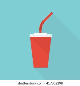 Paper cup icon. Paper red cups with straws for soda or cold beverage. Vector illustration flat design. Isolated cup with long shadow. Drink icon. Fast food.