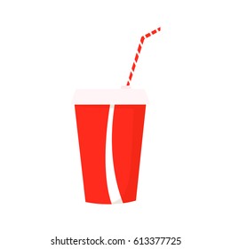 Paper cup icon. Paper red cups with straws for soda or cold beverage. Illustration flat design. Drink icon. Fast food.